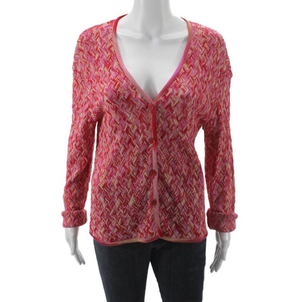 Missoni Womens Cardigan Multicolor Geometric V-Neck Rayon Long Sleeve Size 44
